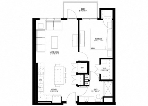 Floor plan for 1 bed, 1 bath, 755 sqft