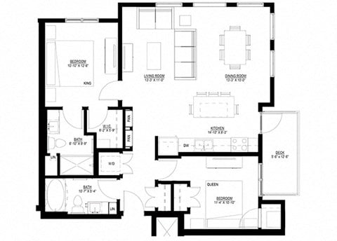 Floor plan for 2 beds, 2 baths, 1073 sqft