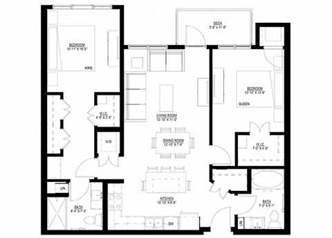 Floor plan for 2 beds, 2 baths, 1043 sqft