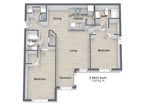 Floor plan for 2 beds, 2 baths, 1167 sqft