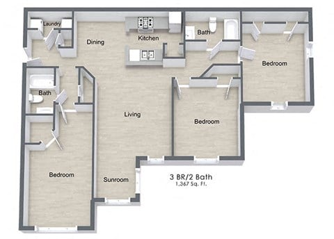 Floor plan for 3 beds, 2 baths, 1367 sqft