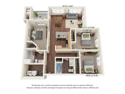 Floor plan for 3 beds, 2 baths, 1273 sqft