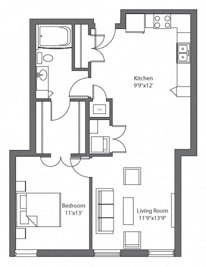 Floor plan for 1 bed, 1 bath, 844 sqft