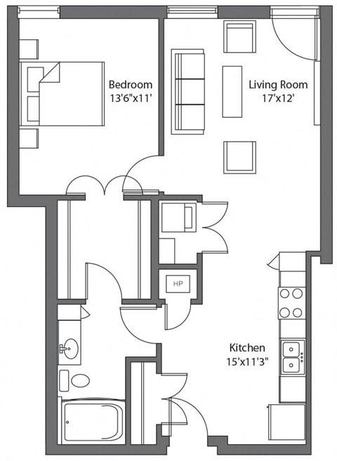 Floor plan for 1 bed, 1 bath, 831 sqft