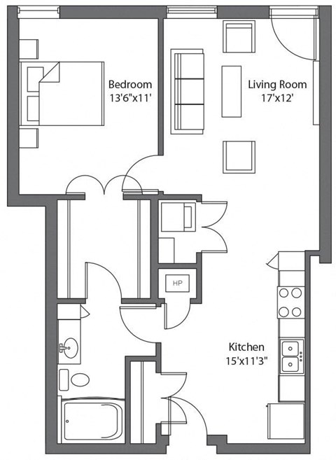 Floor plan for 1 bed, 1 bath, 783 sqft