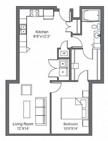 Floor plan for 1 bed, 1 bath, 865 sqft