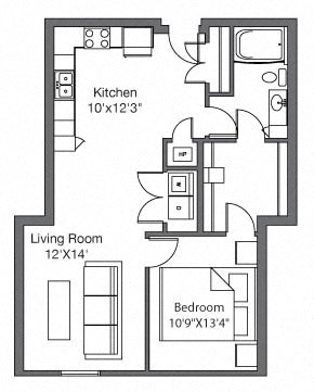 Floor plan for 1 bed, 1 bath, 833 sqft