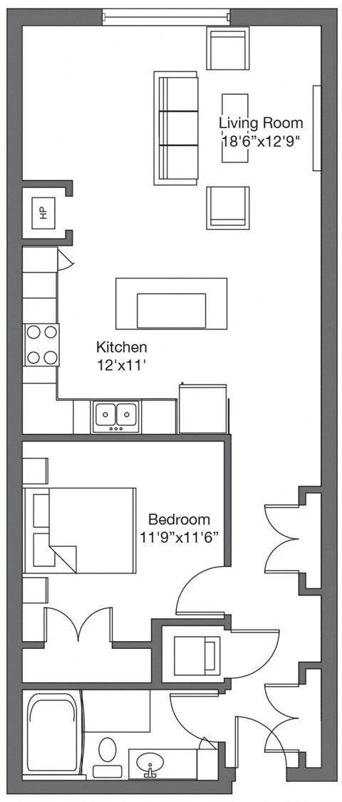 Floor plan for 1 bed, 1 bath, 880 sqft