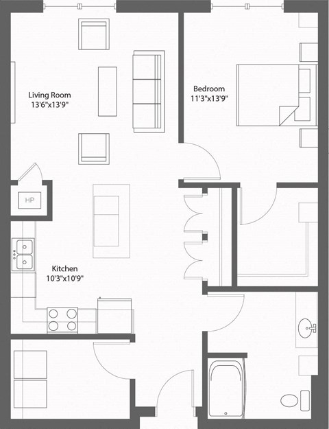 Floor plan for 1 bed, 1 bath, 872 sqft