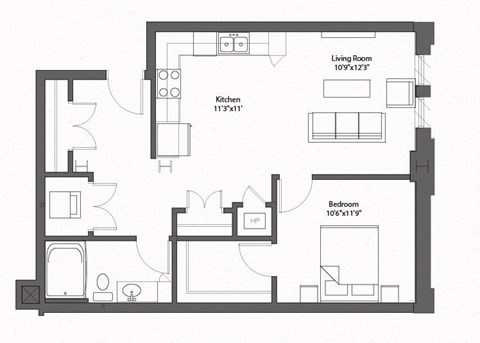 Floor plan for 1 bed, 1 bath, 767 sqft