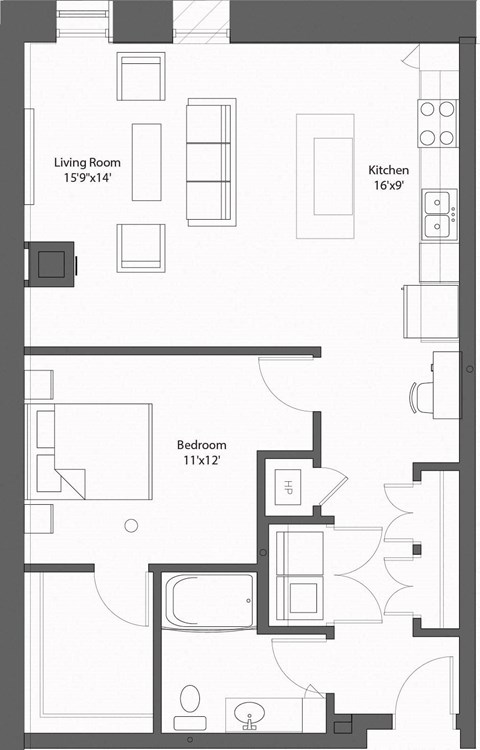 Floor plan for 1 bed, 1 bath, 867 sqft