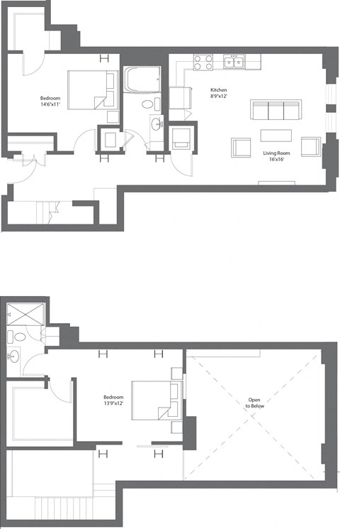 Floor plan for 2 beds, 2 baths, 876 sqft
