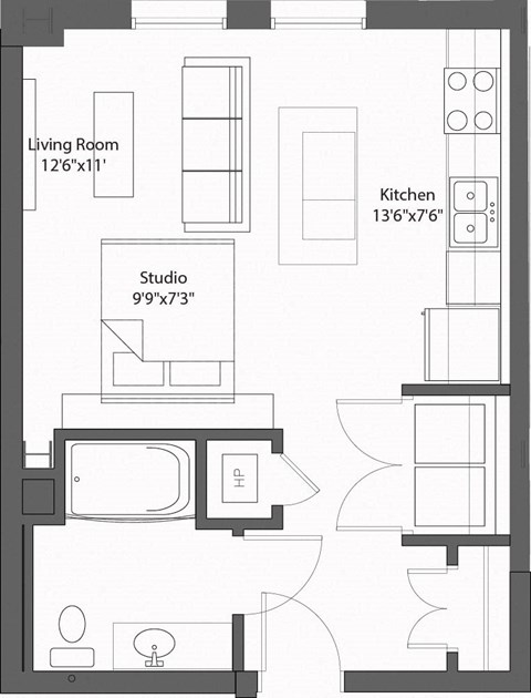 Floor plan for studio, 1 bath, 499 sqft