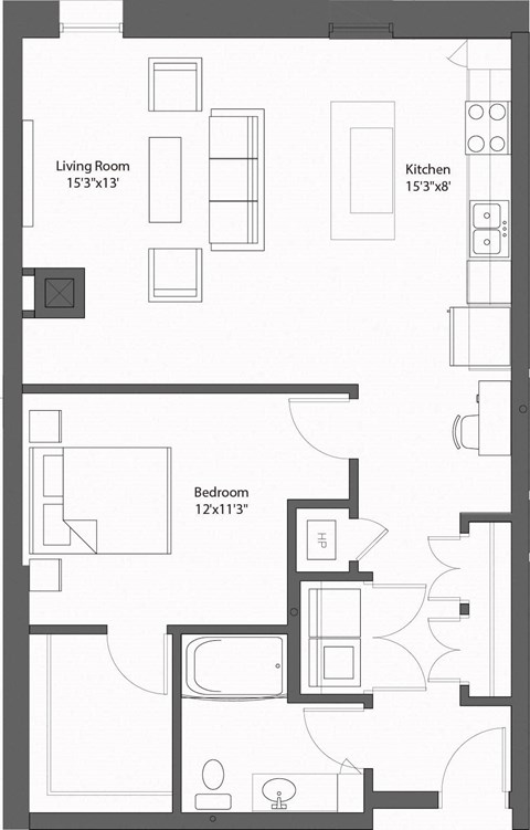 Floor plan for 1 bed, 1 bath, 885 sqft