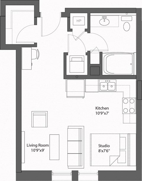 Floor plan for studio, 1 bath, 508 sqft