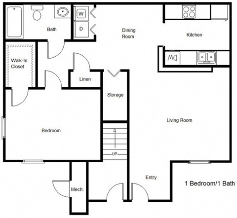 Floor plan for 1 bed, 1 bath, 705 sqft
