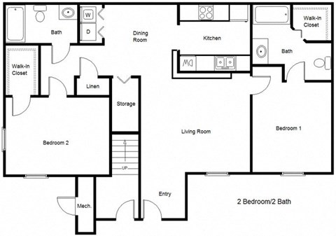 Floor plan for 2 beds, 2 baths, 973 sqft