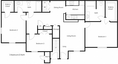 Floor plan for 3 beds, 2 baths, 1154 sqft