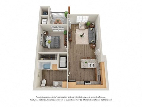 Floor plan for 1 bed, 1 bath, 703 sqft