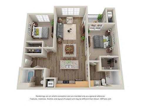 Floor plan for 2 beds, 2 baths, 1063 sqft