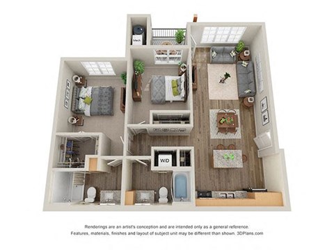 Floor plan for 2 beds, 2 baths, 1042 sqft