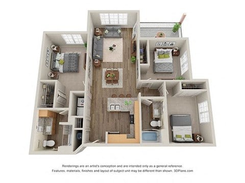 Floor plan for 3 beds, 2 baths, 1240 sqft