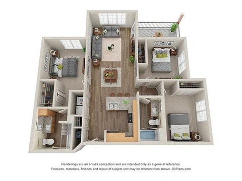Floor plan for 3 beds, 2 baths, 1219 sqft