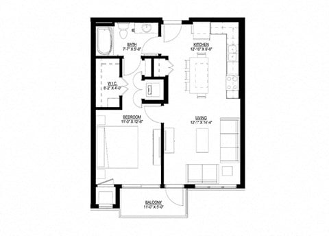 Floor plan for 1 bed, 1 bath, 718 sqft