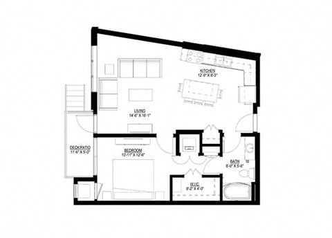 Floor plan for 1 bed, 1 bath, 784 sqft