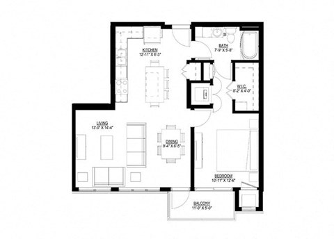 Floor plan for 1 bed, 1 bath, 812 sqft