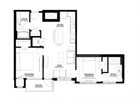 Floor plan for 2 beds, 2 baths, 940 sqft