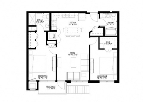 Floor plan for 2 beds, 2 baths, 1044 sqft