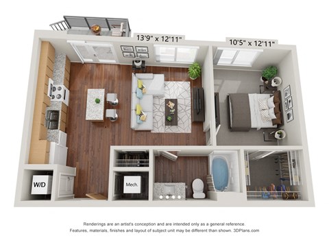 Floor plan for 1 bed, 1 bath, 650 sqft