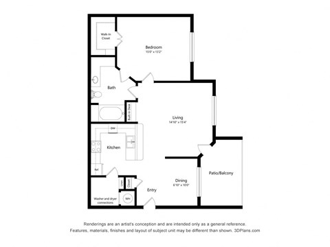 Floor plan for 1 bed, 1 bath, 974 sqft