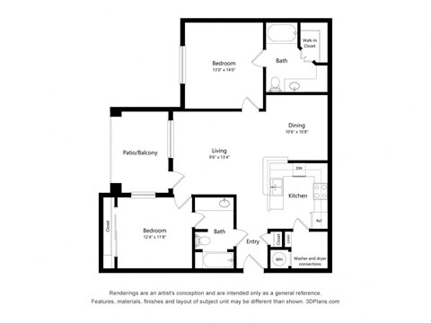 Floor plan for 2 beds, 2 baths, 1209 sqft