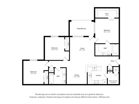 Floor plan for 3 beds, 2 baths, 1407 sqft