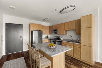 New Port Richey apartment for rent - A kitchen with wooden cabinets and a granite countertop.