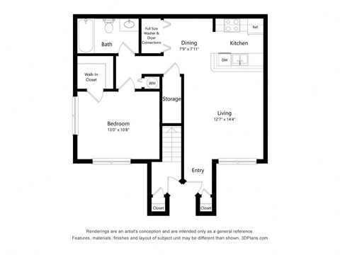 Floor plan for 1 bed, 1 bath, 771 sqft