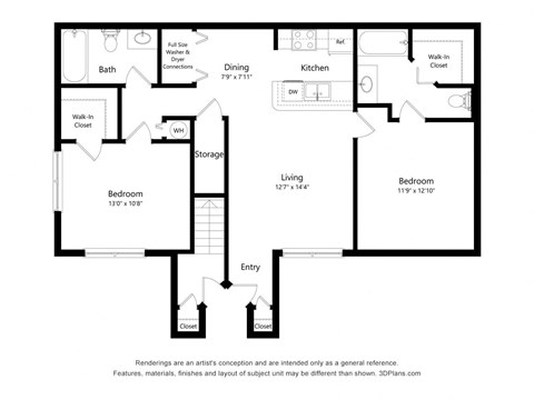 Floor plan for 2 beds, 2 baths, 1050 sqft
