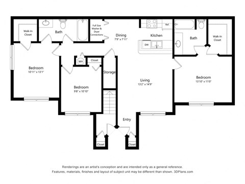 Floor plan for 3 beds, 2 baths, 1244 sqft