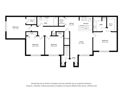 Floor plan for 4 beds, 2 baths, 1444 sqft