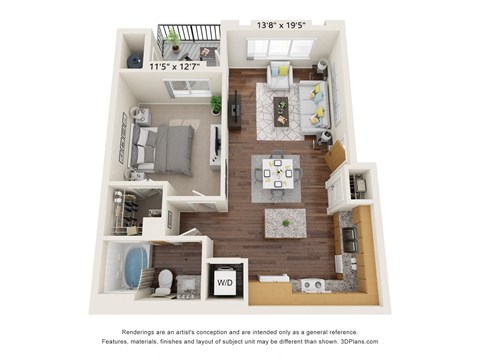 Floor plan for 1 bed, 1 bath, 725 sqft