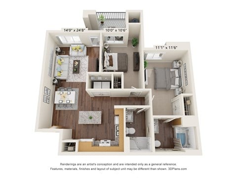 Floor plan for 2 beds, 2 baths, 994 sqft