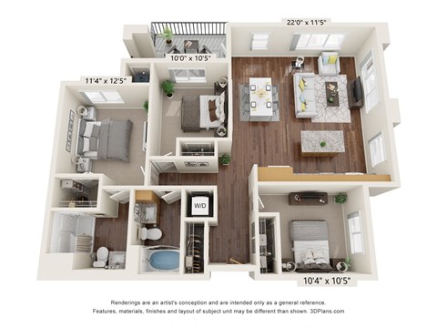 Floor plan for 3 beds, 2 baths, 1207 sqft