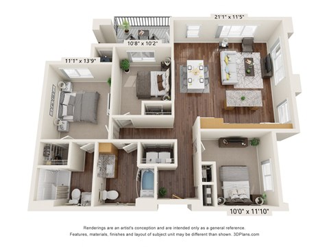 Floor plan for 3 beds, 2 baths, 1207 sqft