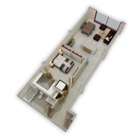 Floor plan for 1 bed, 1 bath, 748 sqft