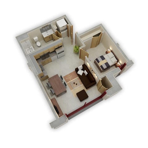 Floor plan for 1 bed, 1 bath, 613 sqft