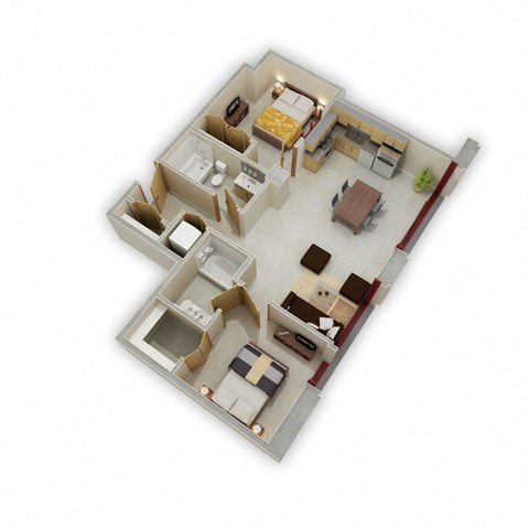 Floor plan for 2 beds, 2 baths, 952 sqft