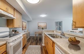 Cape Coral apartment for rent - A kitchen with a white stove top oven and a white sink.