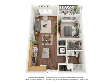 Floor plan for 1 bed, 1 bath, 693 sqft
